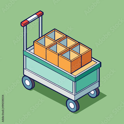 Clean isometric vector illustration of an organized delivery cart filled with multiple storage containers and boxes