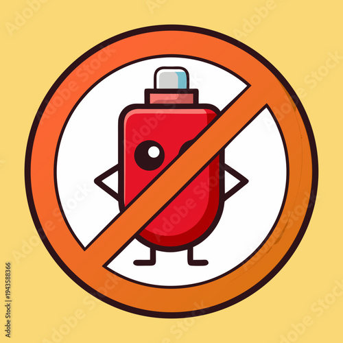 Cute red battery character prohibition icon indicating danger of overheating, isolated on transparent background