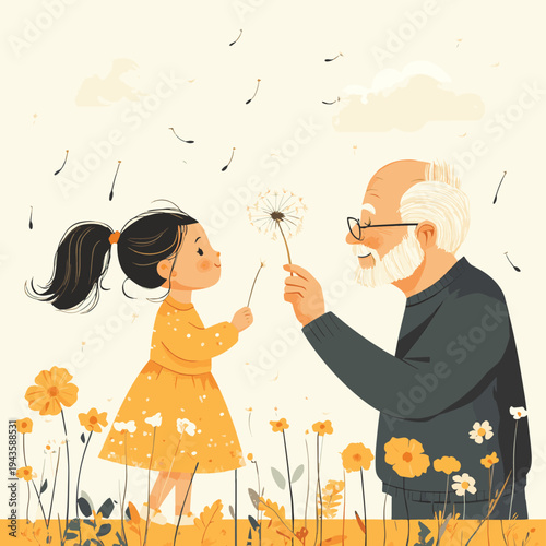 Joyful Grandfather and Granddaughter Blowing Dandelions Vector Illustration, Capturing Cherished Intergenerational Moments , vector style simple color