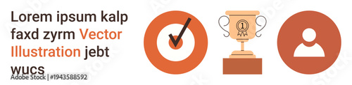 Business success, goal achievement, user identity, recognition, awards, career progression. Contains a checkmark, trophy and profile icon. Perfect for business success and goal achievement concepts