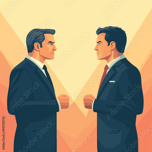 Two businessmen staring at each other with anger and clenched fists in an office setting, representing workplace conflict, professional rivalry, competition, and aggressive confron