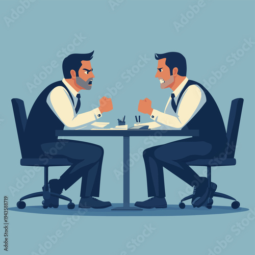 Two businessmen staring at each other with anger and clenched fists in an office setting, representing workplace conflict, professional rivalry, competition, and aggressive confron