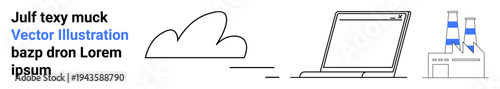 Cloud storage, online work, industry, technology, data processing, eco-friendly systems. Minimal ion of a cloud, laptop and factory. Cloud storage and online work concept