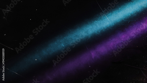 Abstract diagonal glowing cyan and deep purple streaks with heavy vintage film grain, dust and scratches on dark void background. Analog noise texture with light leak effects, purely abstract...