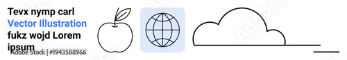 Sustainability, education, weather forecasting, connectivity, technology, global awareness. Apple, globe and cloud icons in clean minimalist style. Sustainability and global awareness concepts