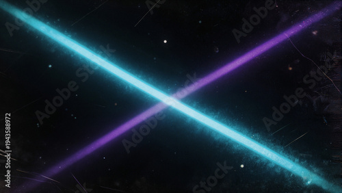 Photography Abstract diagonal glowing cyan and deep purple streaks with heavy vintage film grain, dust and scratches on dark void background