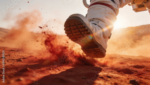 Photography Hyper-realistic low-angle close-up dynamic action shot of astronaut's white space boot stepping onto red Martian soil, kicking up fine red dust particles with motion blur effect