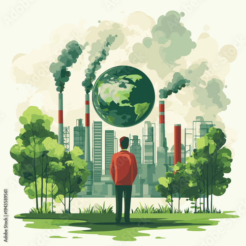 Businessman stopping industrial pollution and global warming concept with Earth globe, green nature and factory smoke