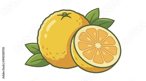A stylized of yellow grapefruit with slice and leaves