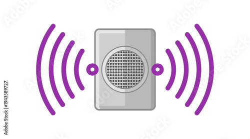 Silver speaker with purple sound waves emanating