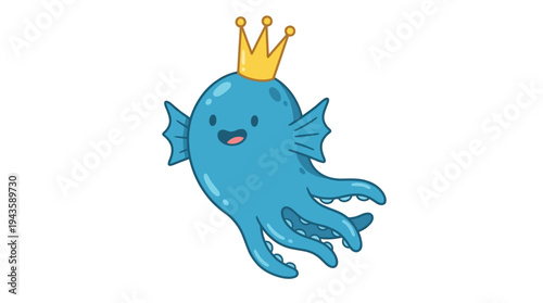 A cartoon illustration of an underwater creature with golden crown