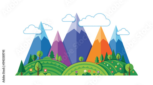 Vibrant stylized mountain range with lush green hills and clouds