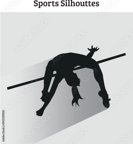 A silhouette of a high jump athlete in the middle of a "Fosbury Flop," arching their back perfectly over a horizontal bar