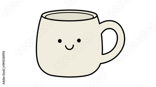 A cartoon mug with friendly face and simple black outlines