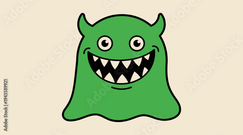 A cartoon monster with green body and sharp white teeth