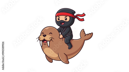 A cartoon ninja dressed in black rides friendly walrus
