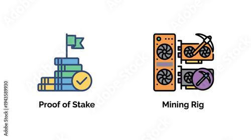 Icons representing proof of stake and mining rig for cryptocurrency