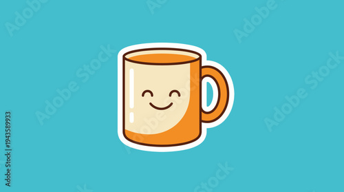 A cartoon mug with friendly face on turquoise blue background