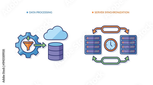 Data processing and server synchronization icons for technology business