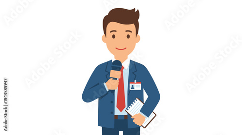 A cartoon journalist with microphone and tie ready for interview