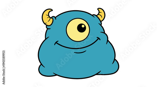 A cartoon monster with blue skin yellow eye and horns