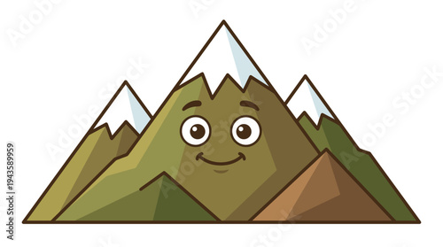A cartoon mountain with friendly face and snow capped peaks