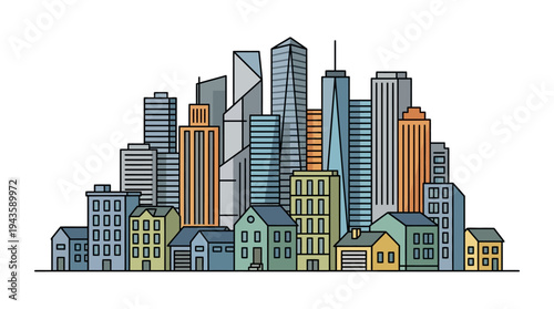 Modern cityscape illustration with residential houses and downtown tall skyscrapers