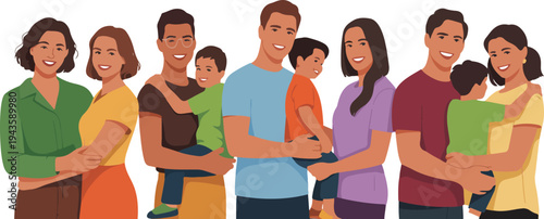 Digital illustration of five diverse family couples with children standing together, smiling warmly in modern minimalist style on white background