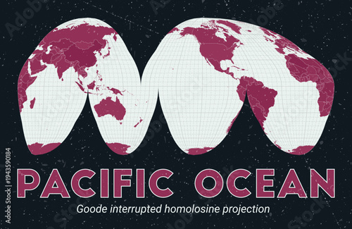Pacific Ocean. World map. Goode interrupted homolosine projection centered to Pacific Ocean. Pale Mint Dark Pink palette. Vintage texture. Neat vector illustration.