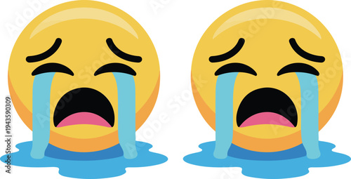 Minimalist digital illustration of a crying emoji with tears streaming and melting into a blue puddle on white background