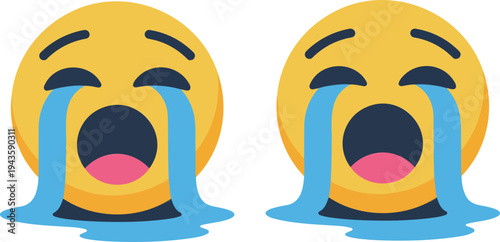 Minimalist digital illustration of a crying emoji with tears streaming and melting into a blue puddle on white background