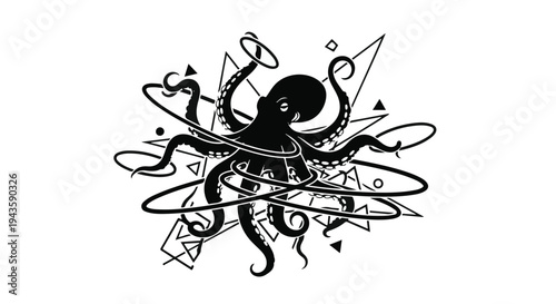 Mysterious octopus with geometric patterns and orbits, a symbol of intelligence and complexity.