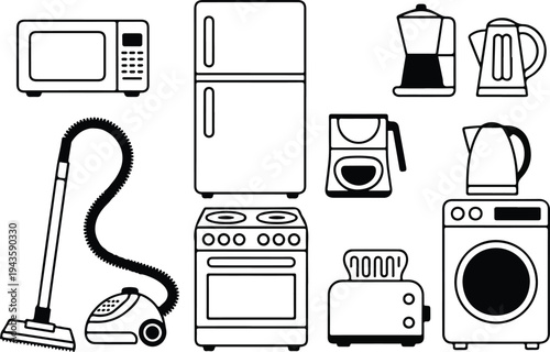 Minimalist household appliance line art icon set featuring refrigerator microwave washing machine stove vacuum cleaner and coffee maker