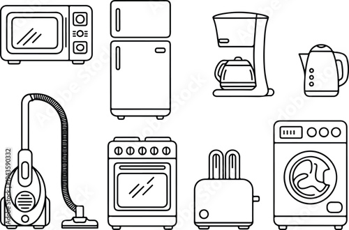 Minimalist household appliance line art icon set featuring refrigerator microwave washing machine stove vacuum cleaner and coffee maker
