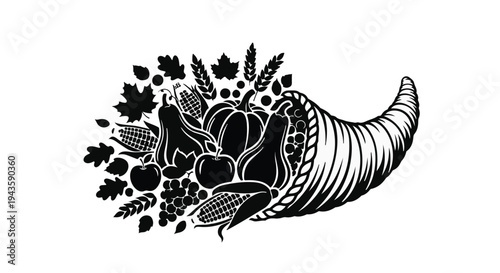 Abundant harvest overflowing from a cornucopia symbolizing bounty and gratitude.