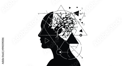 Abstract silhouette of a human head filled with a tree and geometric shapes, symbolizing thought and knowledge.