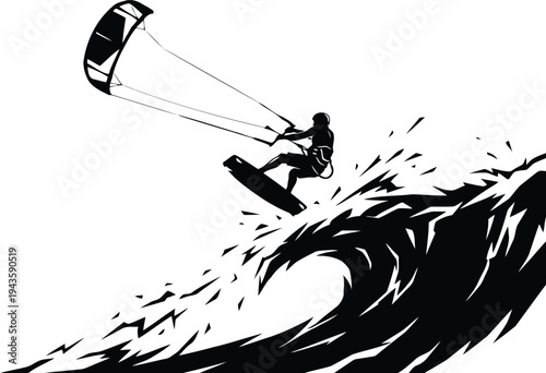  Silhouette of kite surfer jumping huge wave ocean spray