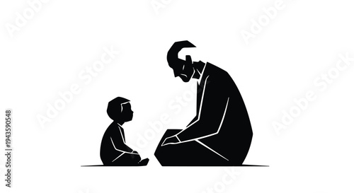 A silhouette of an adult teaching a child, symbolizing mentorship and shared wisdom in a simple, graphic style.