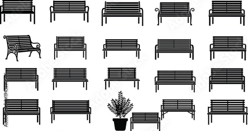 Black silhouette illustration of twenty-four park benches with diverse designs and one potted plant, artwork concept for urban planning, landscape architecture, furniture, and design projects