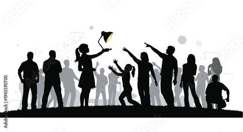 Diverse group of silhouettes reaching for a glowing idea lamp, symbolizing innovation and inspiration.