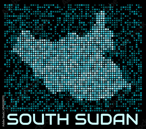 South Sudan digital dotted map. Shape of the country in cyan color palette on dark background. Futuristic South Sudan map design. Vector illustration.