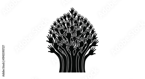 Diverse hands reaching upwards forming a vibrant tree of unity and growth