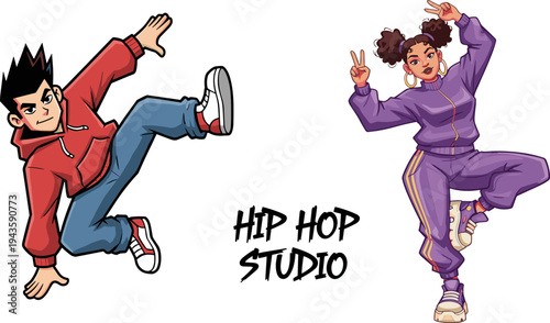 Hip hop studio dancers performing energetic street dance moves, male and female urban performers showing rhythm and style, flat vector illustration