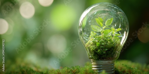 Light Bulb with Green Plants Inside Promoting Eco-Friendly Energy and Sustainability in Nature, Symbolizing Environmental Awareness and Renewable Resources