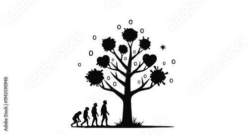 Symbolic tree of life illustrates human evolution and growth with diverse icons.