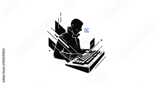 Silhouette of a hacker typing on a keyboard, surrounded by abstract digital elements