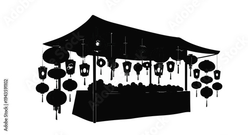 Traditional marketplace stall adorned with decorative lanterns, showcasing illuminated goods.