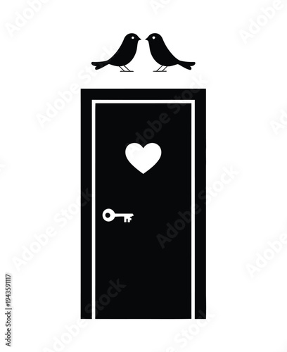 A black door with a heart and key, adorned with two loving birds on top, symbolizing love and affection.