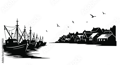 Fishing boats docked along a coastal village shoreline under a sky with soaring birds.