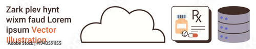Cloud computing, data storage, medical prescriptions, digital services, healthcare technology, data management. Cloud icon, prescription symbol database stack. Cloud computing and medical